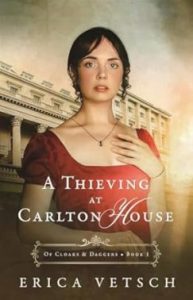 Alt text: "Book cover of 'A Thieving at Carlton House' by Erica Vetsch. A woman in a red dress stands in front of a grand building at sunset with a thoughtful expression. The mood is mysterious and historical."
