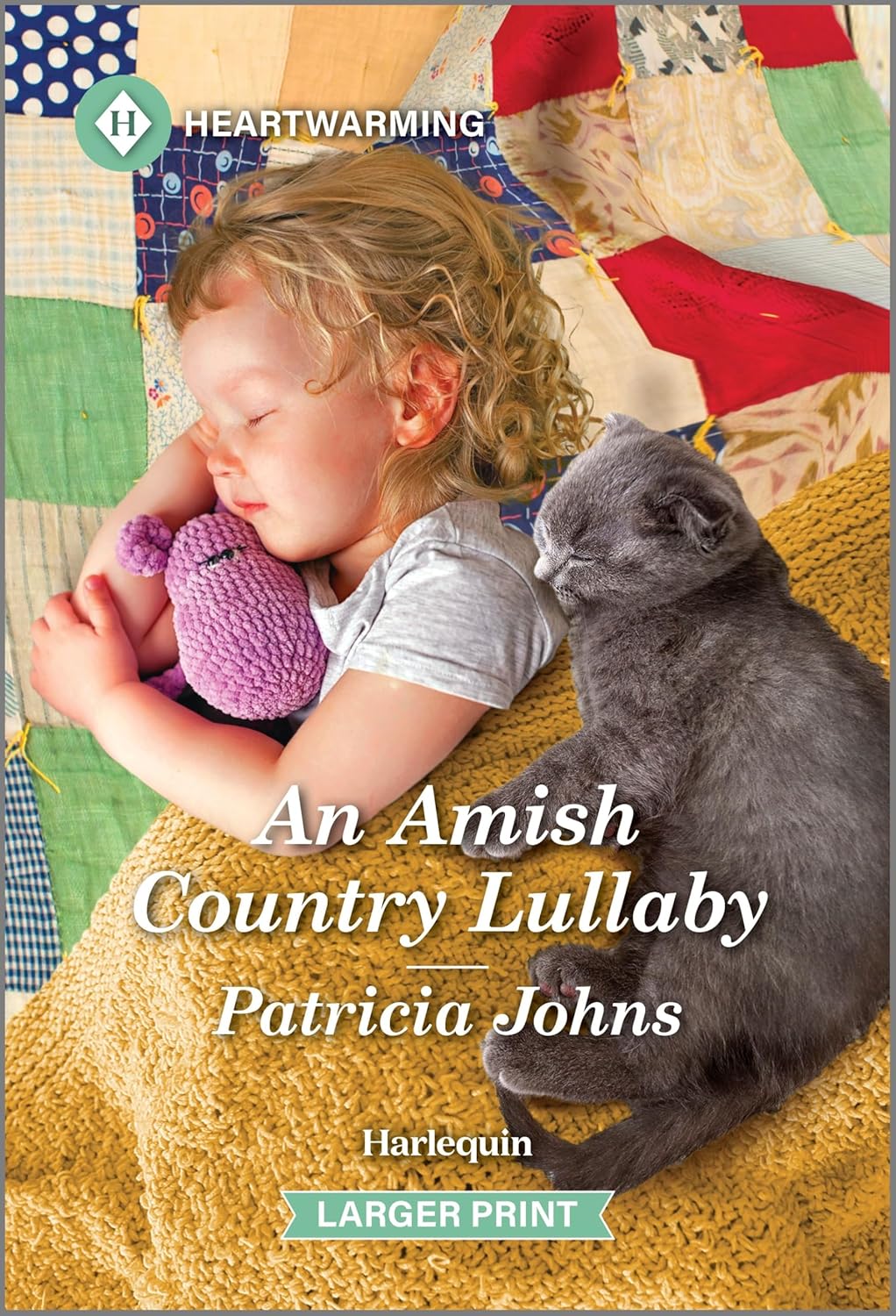 A young child with curly blond hair sleeps peacefully, hugging a purple stuffed toy. A grey cat lies beside them on a colorful quilt. The tone is tranquil and heartwarming.