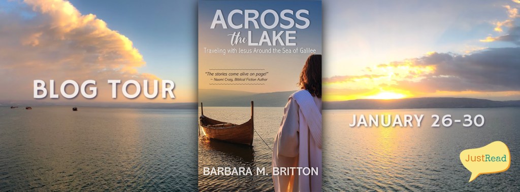Alt text: "Promotional image for 'Across the Lake' by Barbara M. Britton. Features a person in a robe by a boat on a tranquil lake at sunset. The background shows a calm sea with vibrant orange and yellow hues in the sky. Text reads 'Blog Tour' on the left, 'January 26-30' on the right, with 'JustRead' logo. Peaceful, contemplative mood."