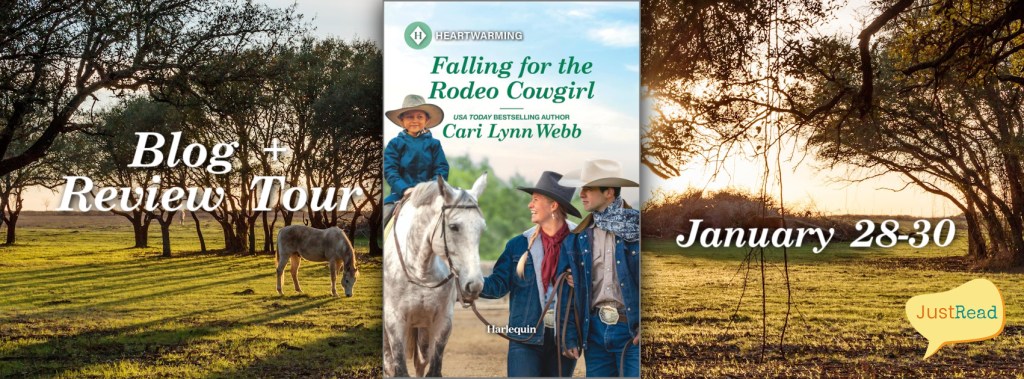 Cover of "Falling for the Rodeo Cowgirl" by Cari Lynn Webb is centered. Two people with a horse, wearing cowboy hats, are visible. Text on the left reads “Blog + Review Tour” and on the right, “January 28-30.” Background shows sunlit trees with a warm, serene atmosphere.