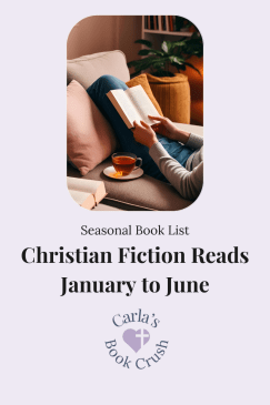 A person on a sofa reads a book with a cup of tea nearby. Text: "Seasonal Book List: Christian Fiction Reads January to June. Carla's Book Crush." Calm and cozy tone.