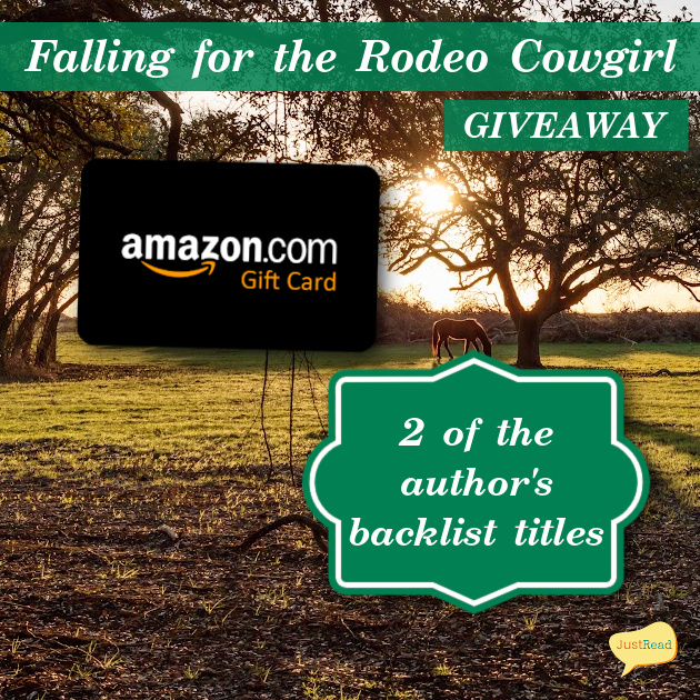 Sunlit field with trees and a horse in the background. Text reads "Falling for the Rodeo Cowgirl Giveaway" with an Amazon gift card and book prizes. Calm, inviting scene.