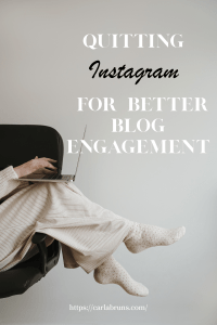 Person in cozy attire reclines on a chair with a laptop, conveying relaxation. Overlaid text reads "Quitting Instagram for Better Blog Engagement." Links to a website.