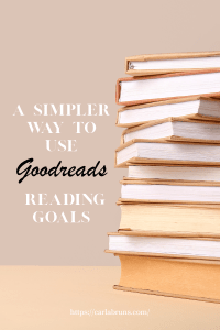 A stack of hardcover books on a beige background with text: "A simpler way to use Goodreads reading goals." A sense of organization and productivity.