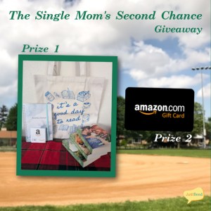 Image promoting "The Single Mom's Second Chance" giveaway with two prizes. Prize 1: tote bag, reading journal, three books. Prize 2: Amazon gift card. Background: baseball field.