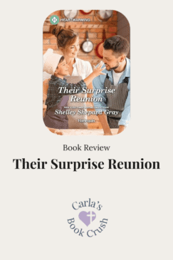 Book review graphic for Their Surprise Reunion by Shelley Shepard Gray, featuring a mother, father, and young boy together in a warm kitchen setting with Carla’s Book Crush logo at the bottom