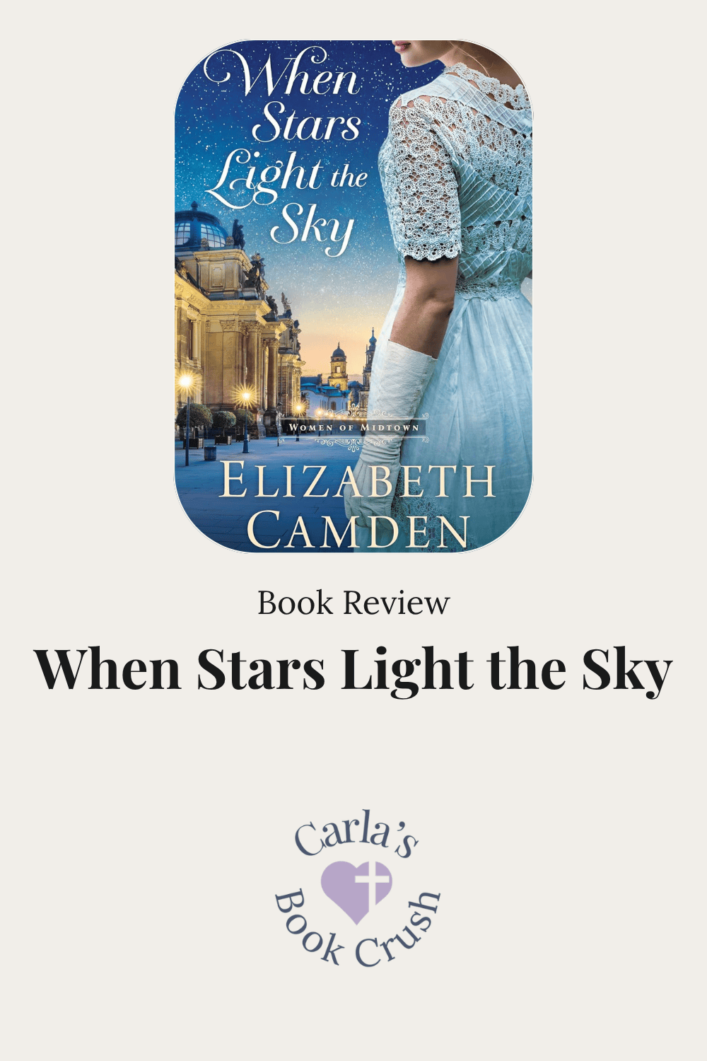 Book review graphic for When Stars Light the Sky by Elizabeth Camden, featuring the book cover with a woman in a blue dress against a starry night sky and a European cityscape, followed by the words “Book Review” and the book title, with the Carla’s Book Crush logo below.